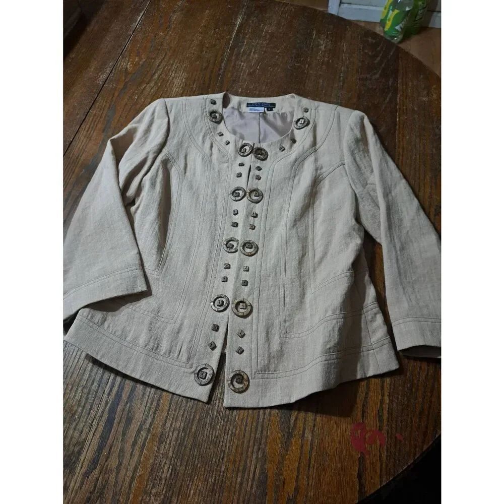Small City Girl Nancy Bolen Tan Brown Jacket Blazer 3/4 Sleeve Cropped Accents
